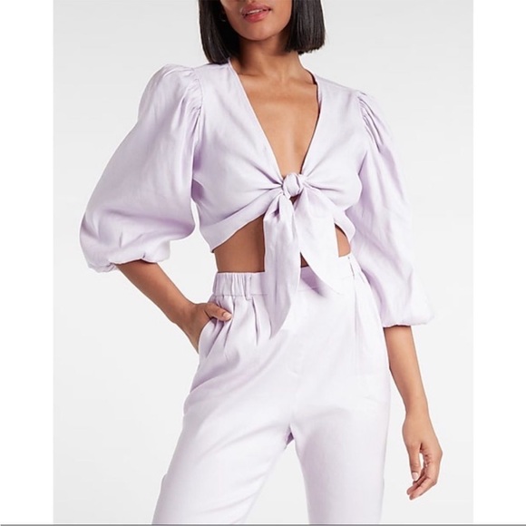 Express Tops - NWT EXPRESS Lavender Puff Sleeve Tie-Front Crop Top XXS